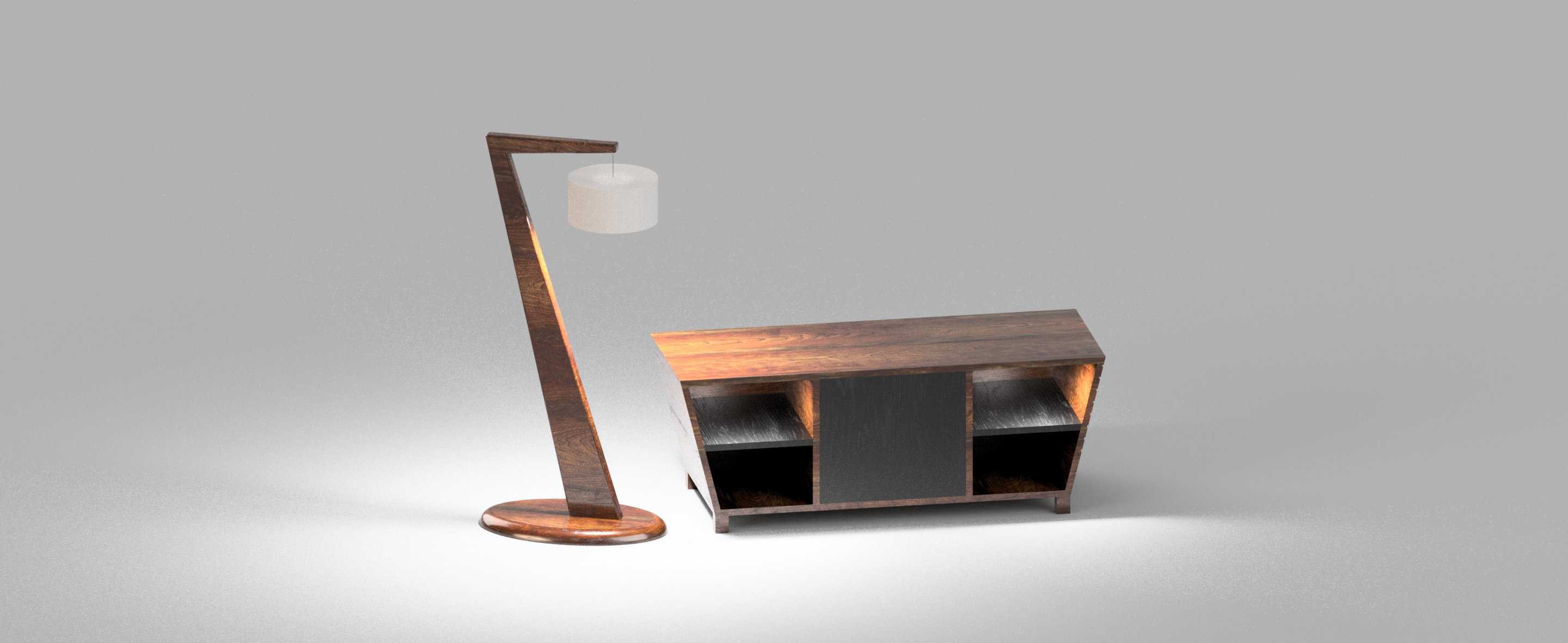 Modern wooden desk with lamp on a gray background
